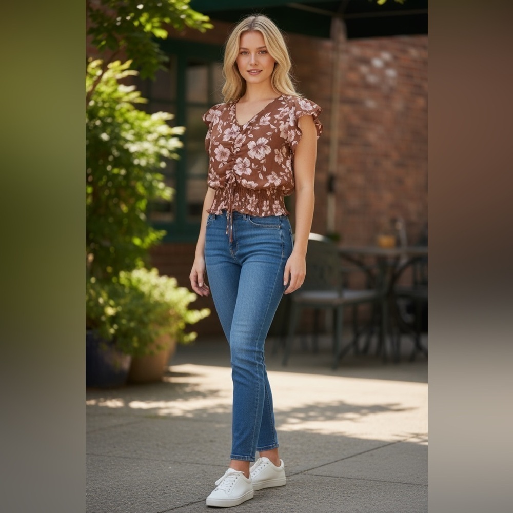 Brown Floral Ruched Crop Top With Pink Flowers